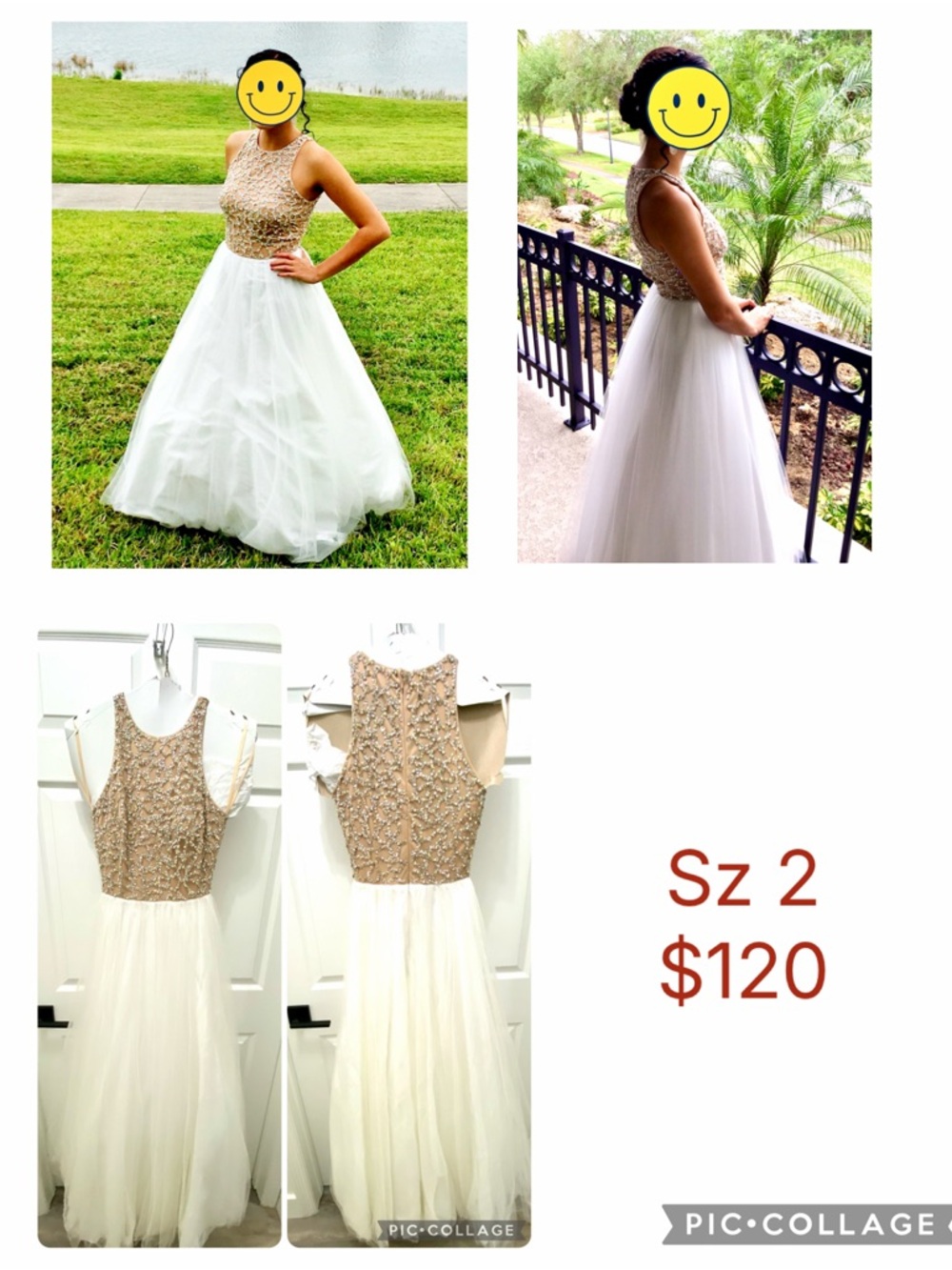 Beaded Bodice Tulle Ball Gown Dress in Gold and White
